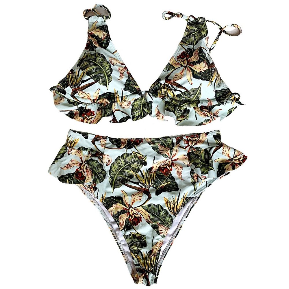 Tropical Palm High Waisted Ruffle Bikini Set - Picture 6 of 10